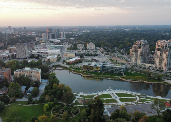 Aerial view of uptown Waterloo and beyond