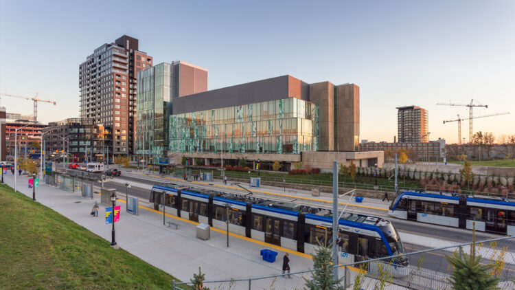 Two LRT Trains in Downtown Kitchener
