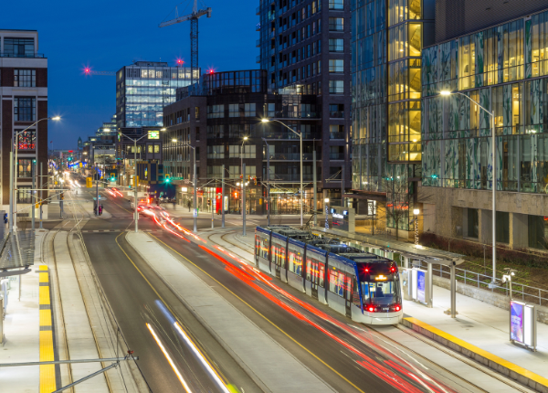 LRT in downtown Kitchener at night